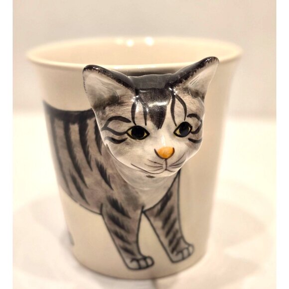 Tabby Kitty Cat Coffee Mug Sea Island Grey Ceramic Hand-Painted 3D - Picture 4 of 5